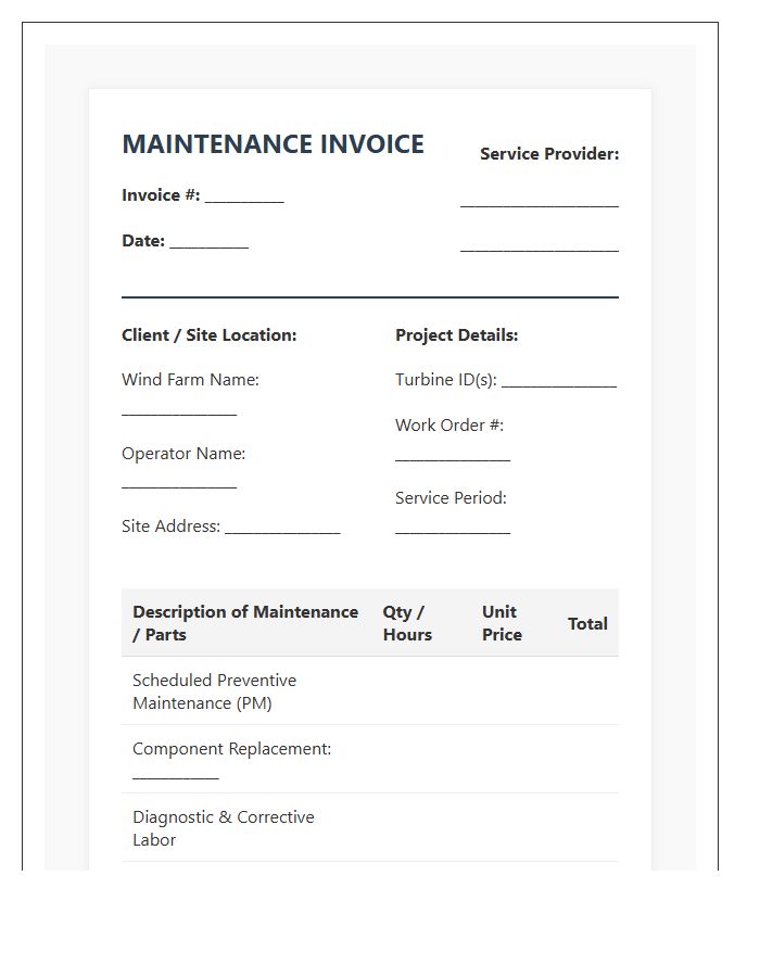 Onshore Wind Farm Maintenance Invoice Template
