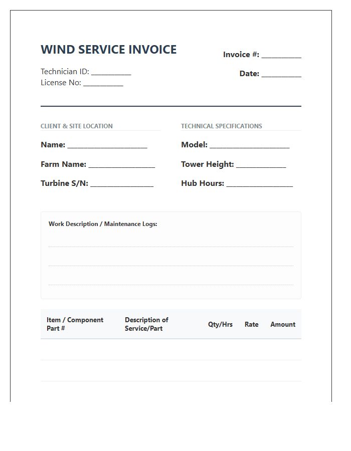 Technical Wind Turbine Service Invoice Template