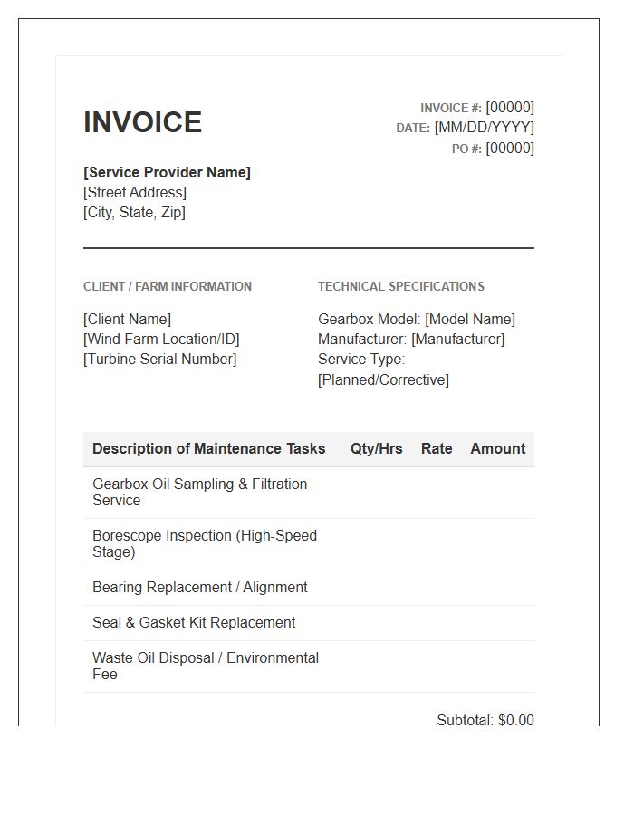 Wind Turbine Gearbox Maintenance Invoice Template