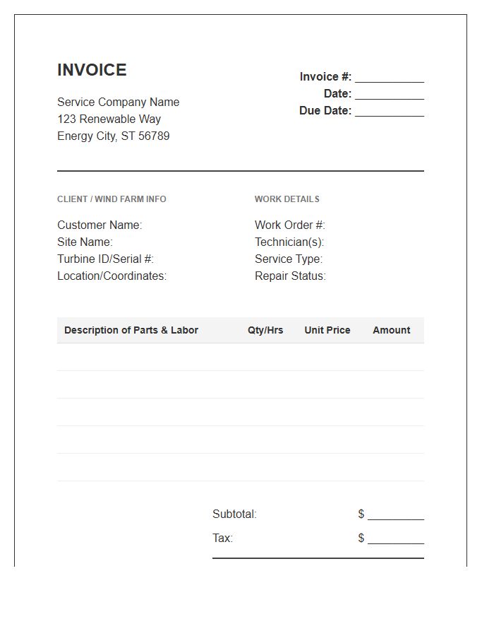 Wind Turbine Generator Repair Invoice Template