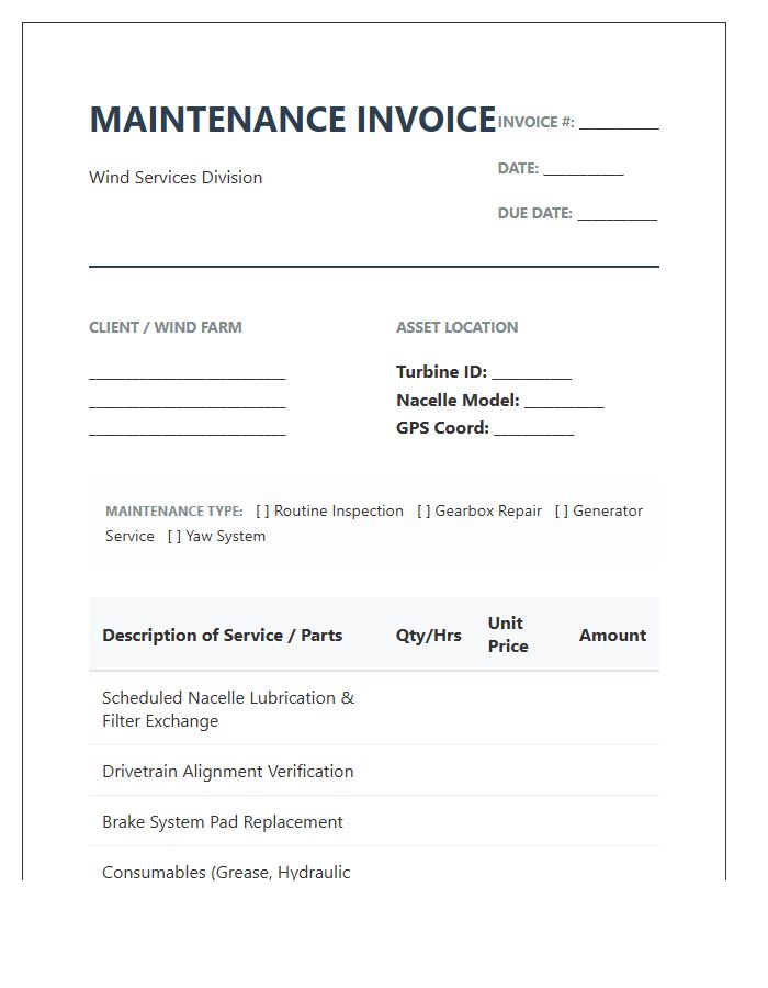 Wind Turbine Nacelle Maintenance Invoice Template