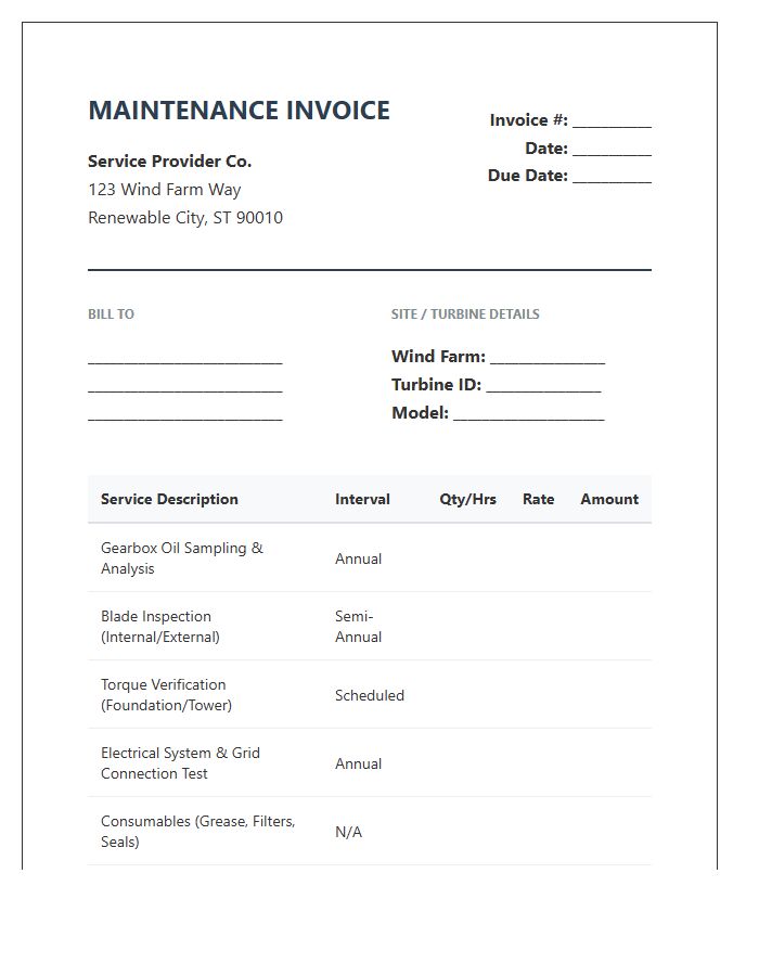 Wind Turbine Preventative Maintenance Invoice Template