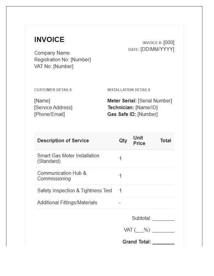 Gas Smart Meter Installation Invoice Template