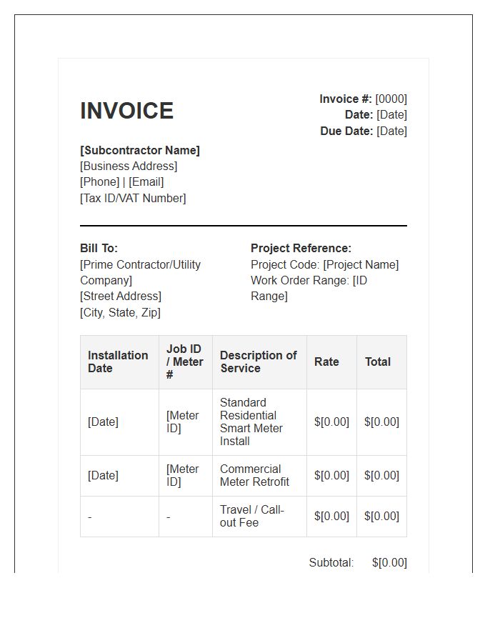 Subcontractor Smart Meter Installation Invoice Template