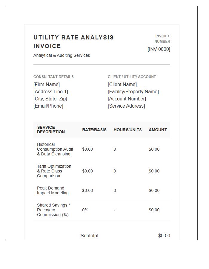 Specialized Utility Rate Analysis Invoice Template