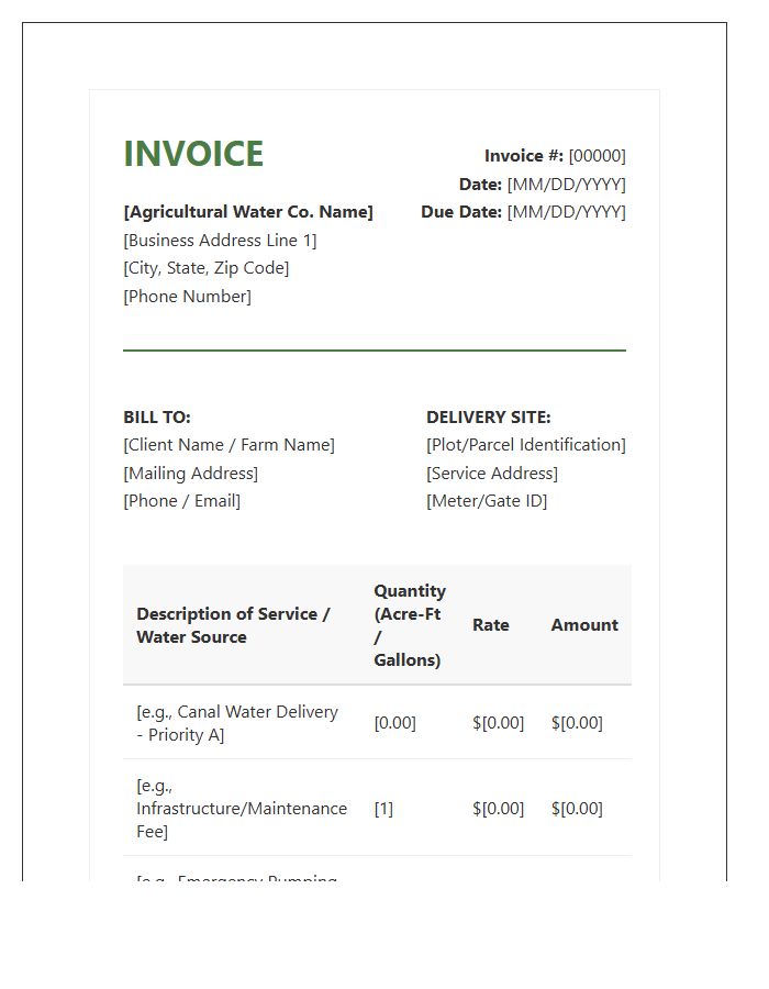 Agricultural Water Delivery Service Invoice Template