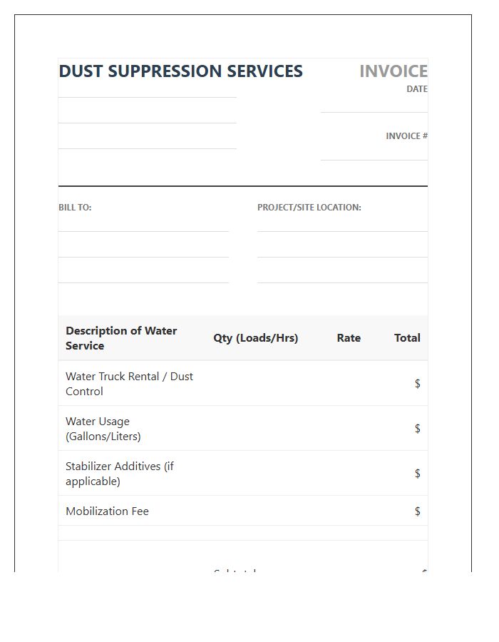 Dust Suppression Water Service Invoice Template