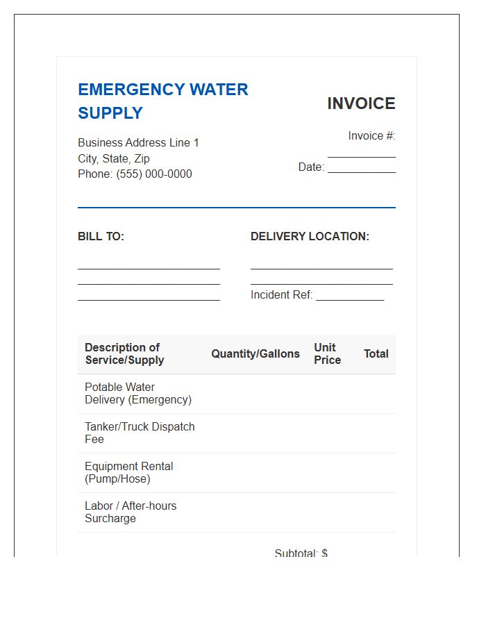 Emergency Water Supply Service Invoice Template
