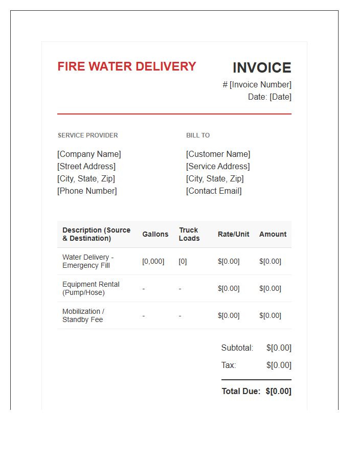 Fire Protection Water Delivery Invoice Template