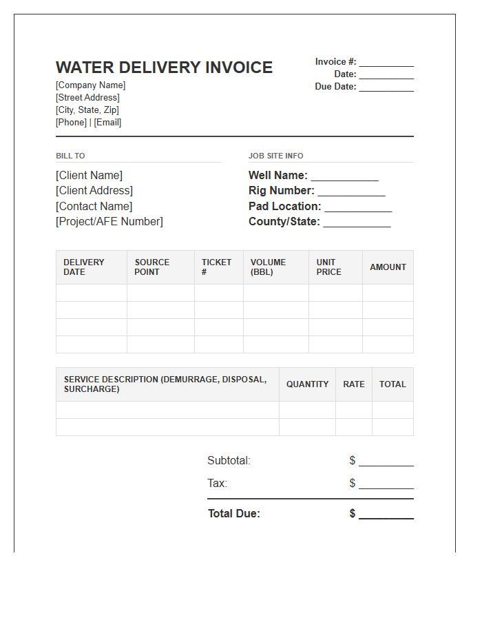 Hydraulic Fracturing Water Delivery Invoice Template