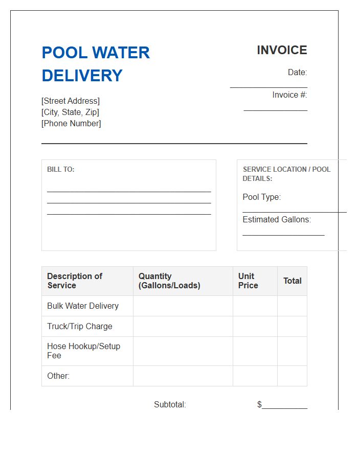 Pool Water Filling Service Invoice Template