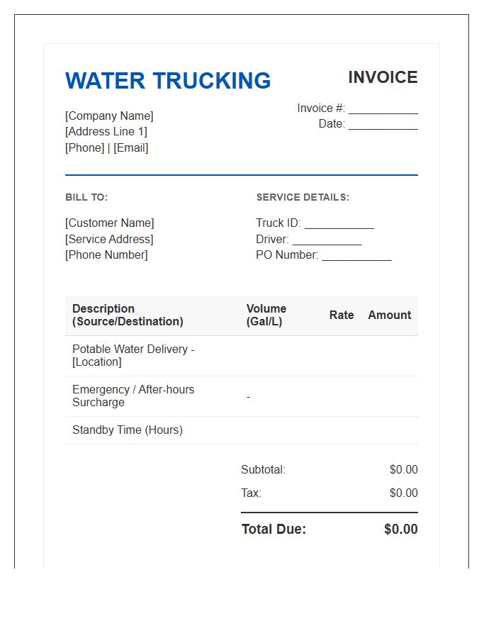 Potable Water Trucking Invoice Template