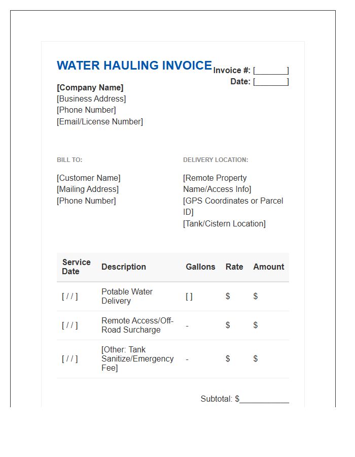 Remote Area Water Hauling Invoice Template