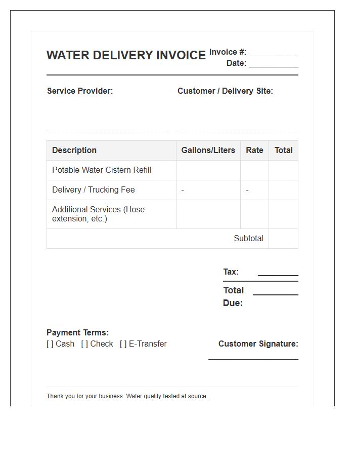 Water Cistern Refilling Invoice Template