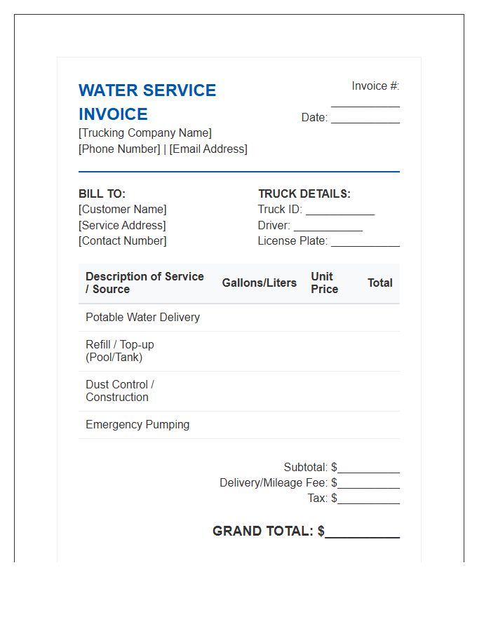 Water Tanker Truck Service Invoice Template