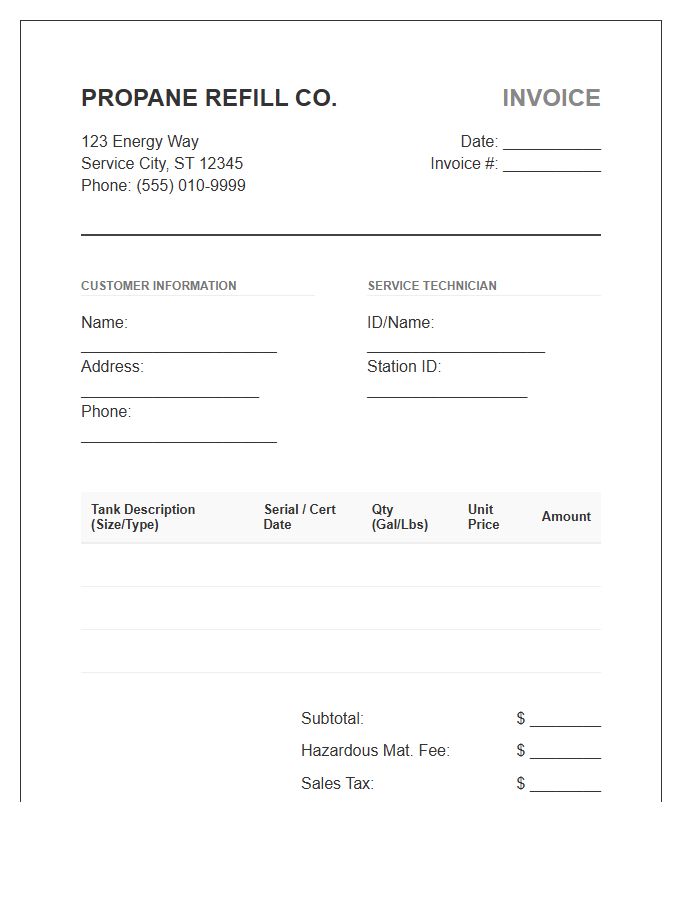 Portable Propane Tank Refill Invoice Template