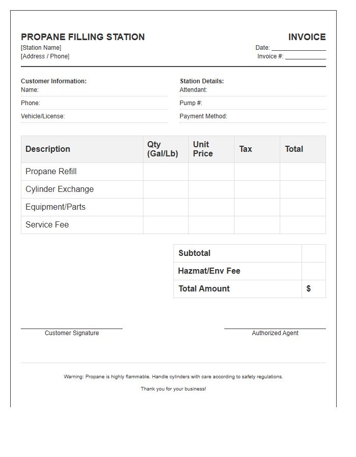 Propane Filling Station Transaction Invoice Template