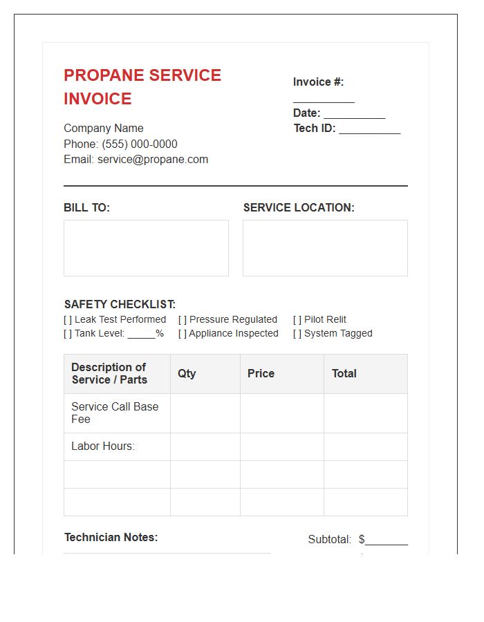 Propane Gas Service Call Invoice Template