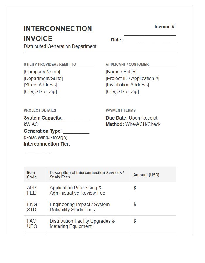 Distributed Generation Interconnection Invoice Template