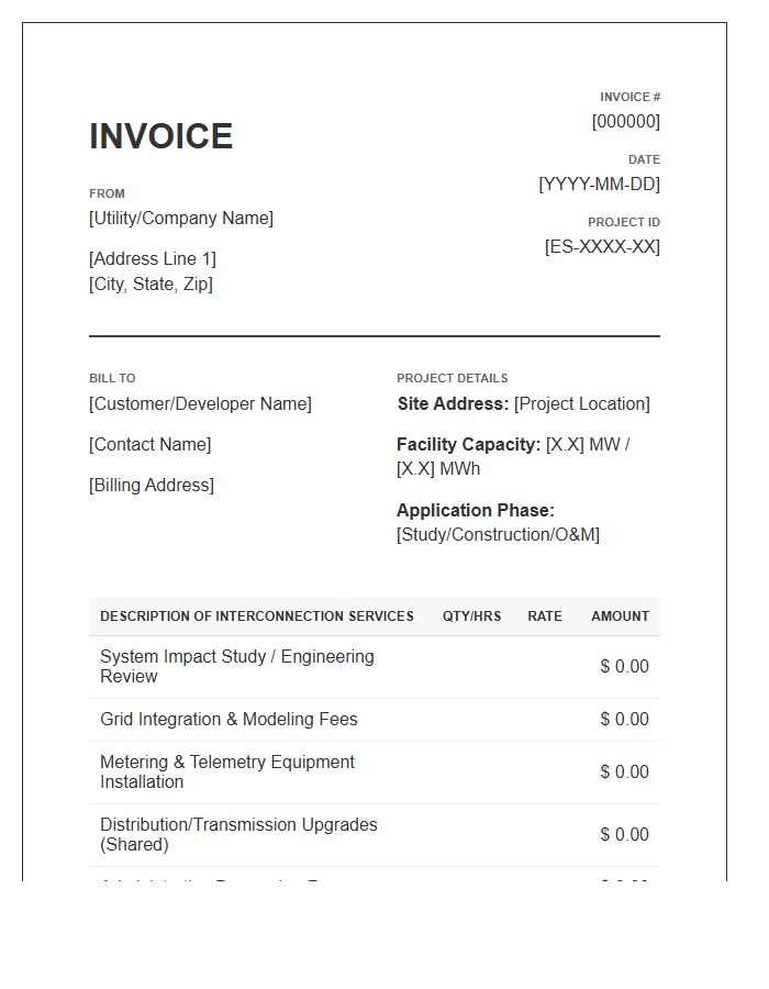 Energy Storage Interconnection Service Invoice Template