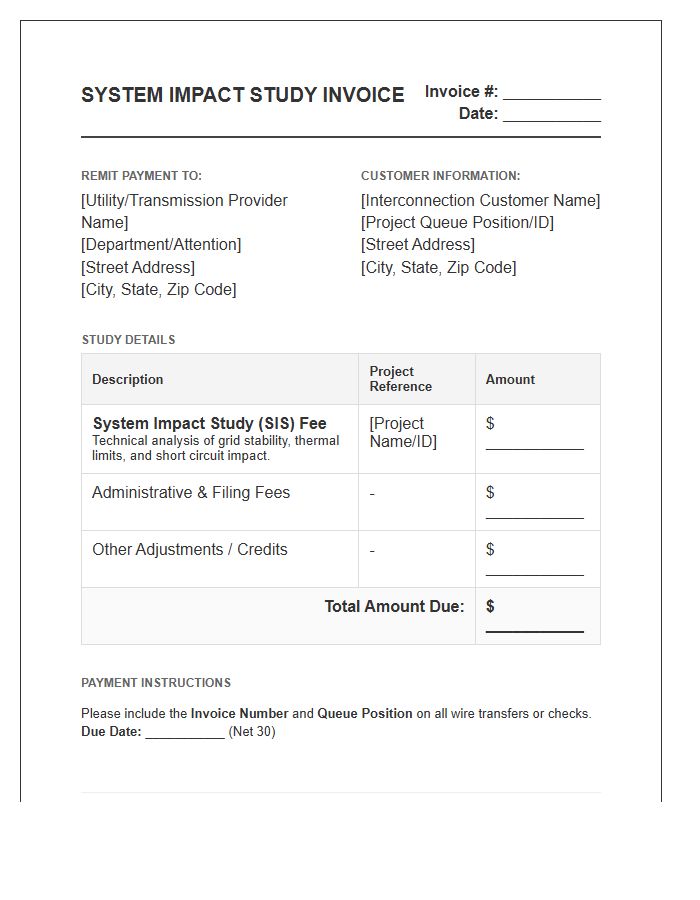 System Impact Study Interconnection Invoice Template
