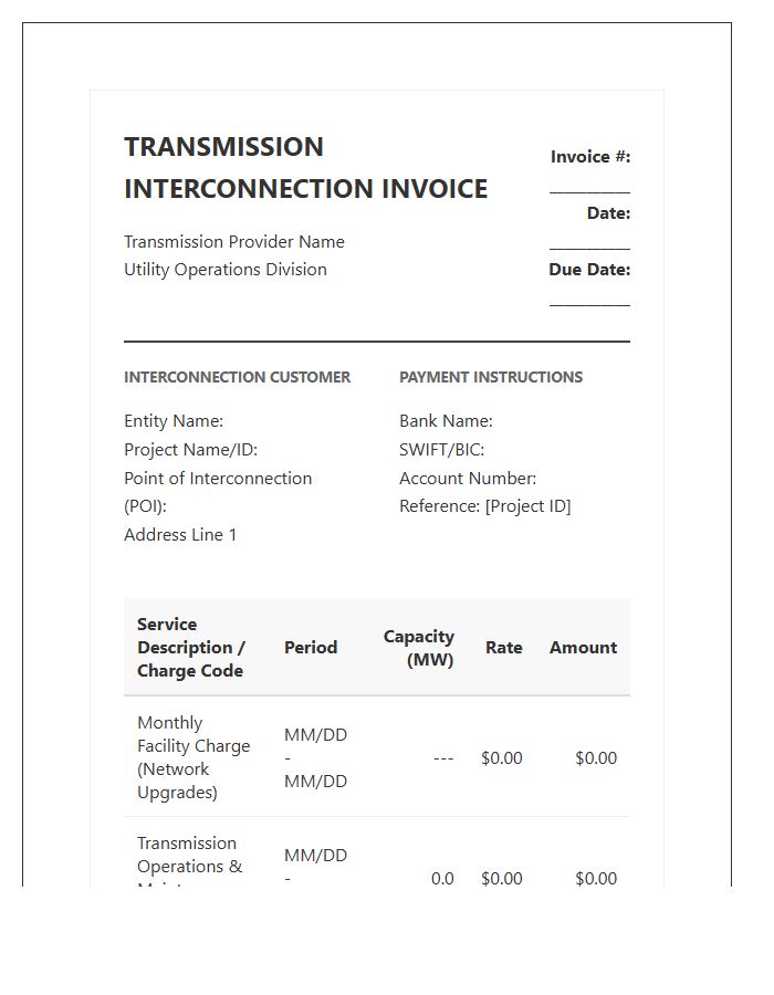 Transmission Level Interconnection Service Invoice Template