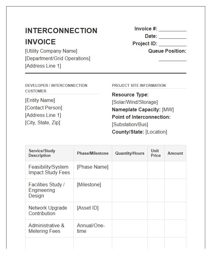 Utility Scale Interconnection Service Invoice Template