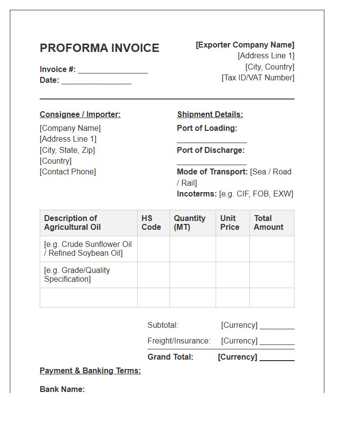 Agricultural Oil Export Proforma Invoice Template