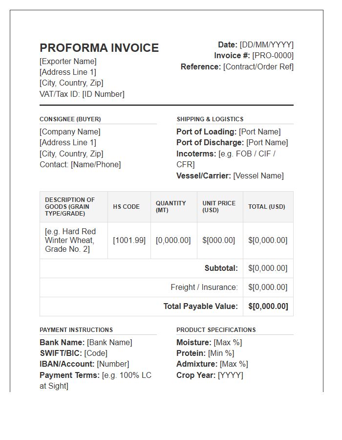 Bulk Grain Export Proforma Invoice Template