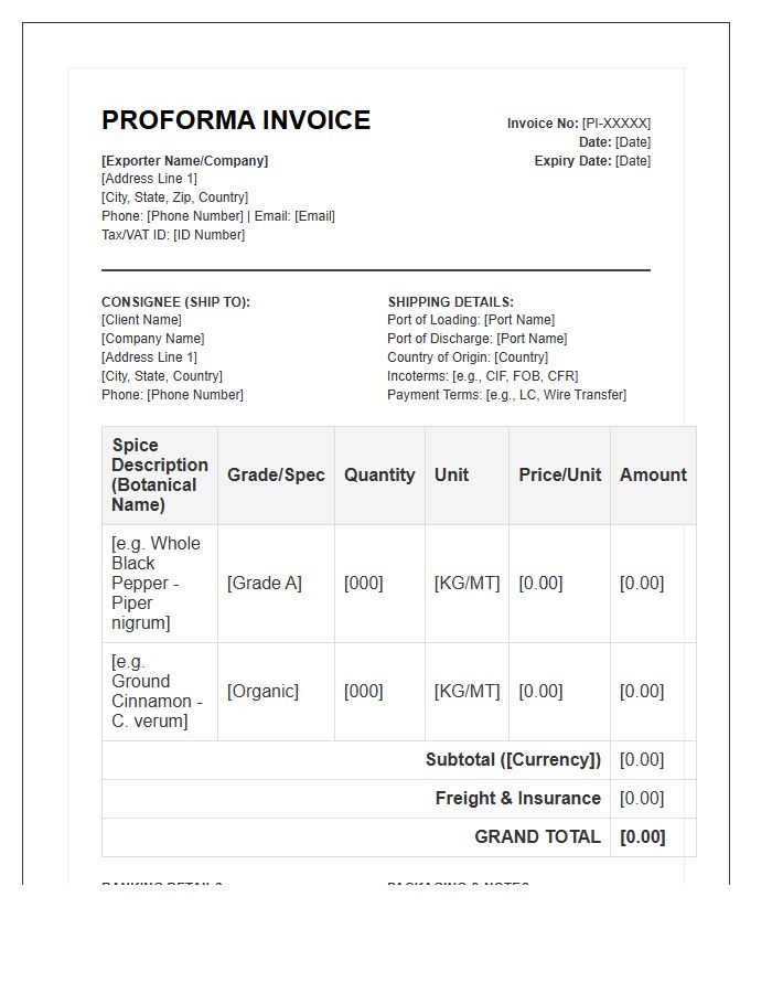 Commercial Spice Export Proforma Invoice Template
