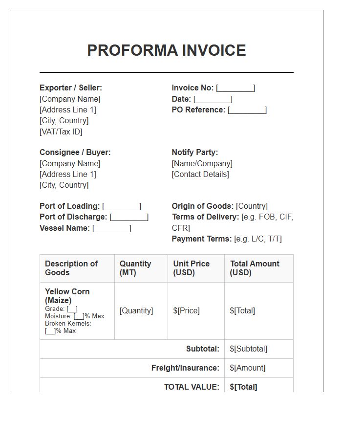 Corn Shipment Proforma Invoice Template
