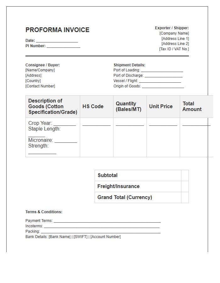 Cotton Export Proforma Invoice Template