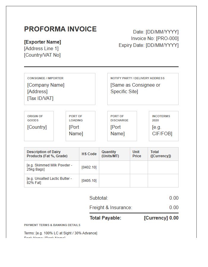Dairy Trade Proforma Invoice Template
