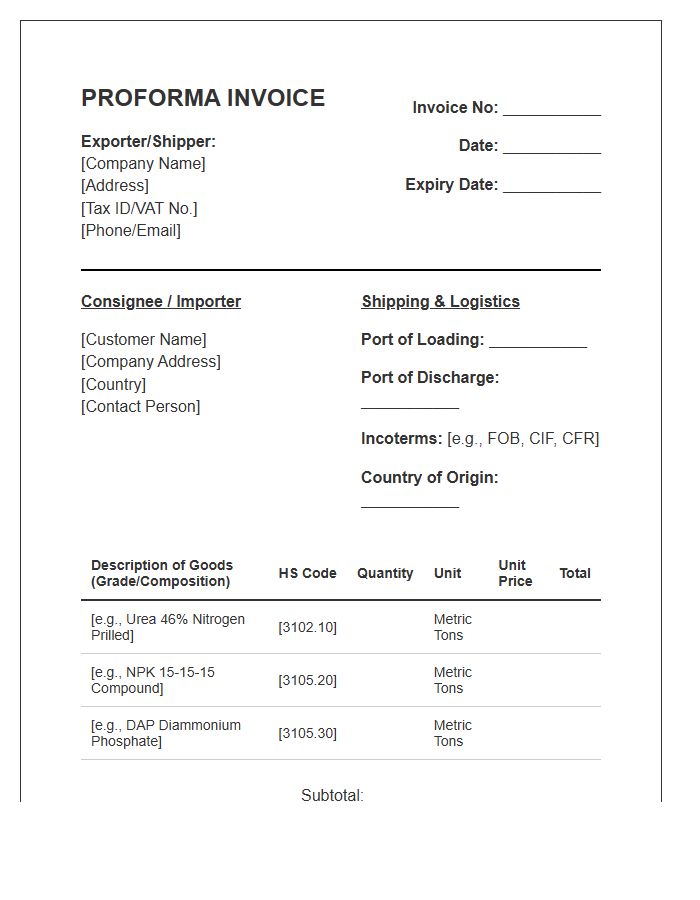 Fertilizer Export Proforma Invoice Template