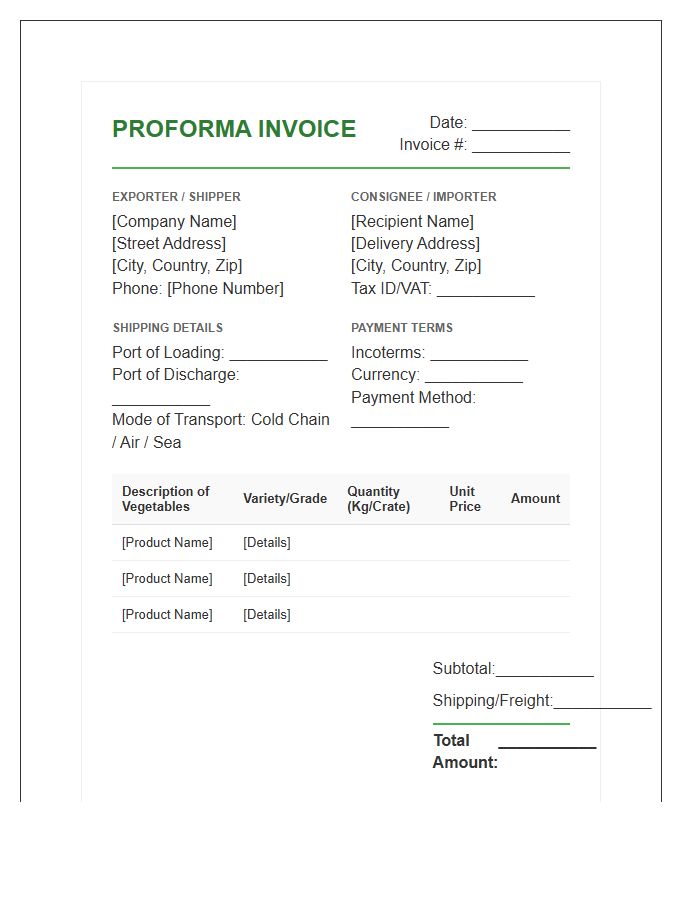 Fresh Vegetable Shipping Proforma Invoice Template