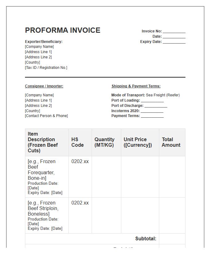 Frozen Beef Export Proforma Invoice Template