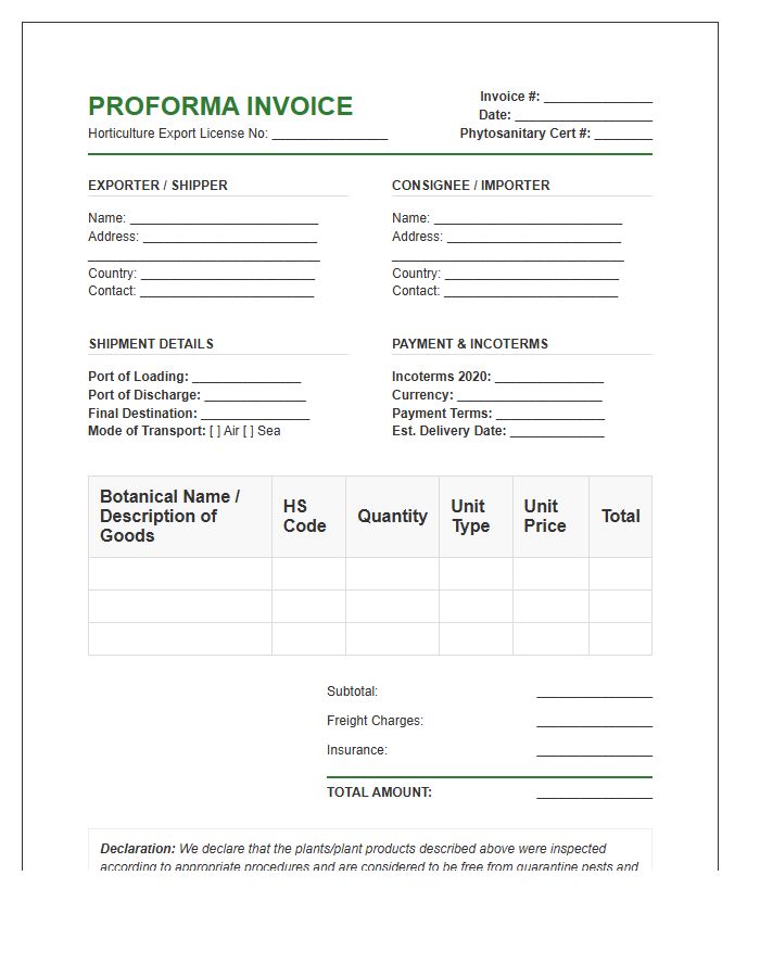 Horticulture Export Proforma Invoice Template