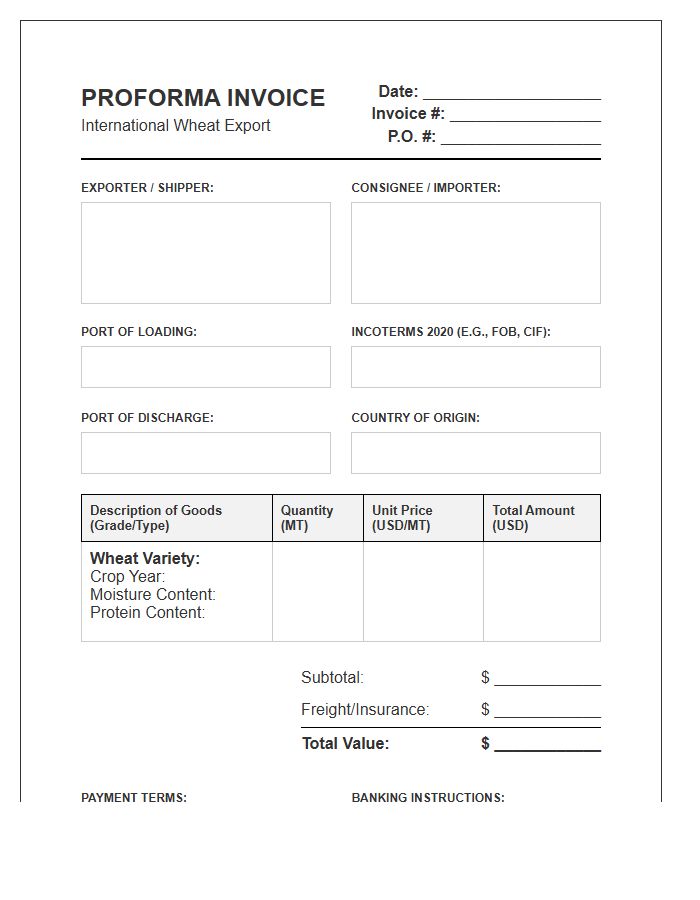 International Wheat Export Proforma Invoice Template