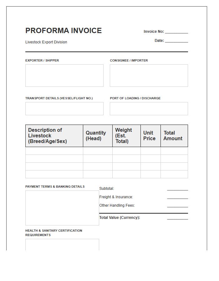 Livestock Export Proforma Invoice Template