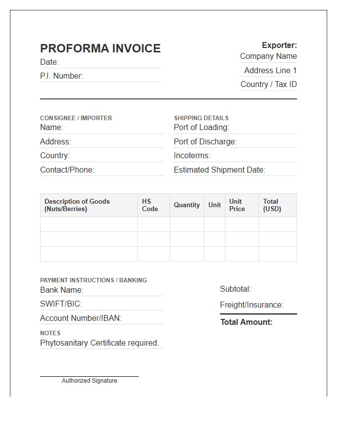 Nut And Berry Export Proforma Invoice Template
