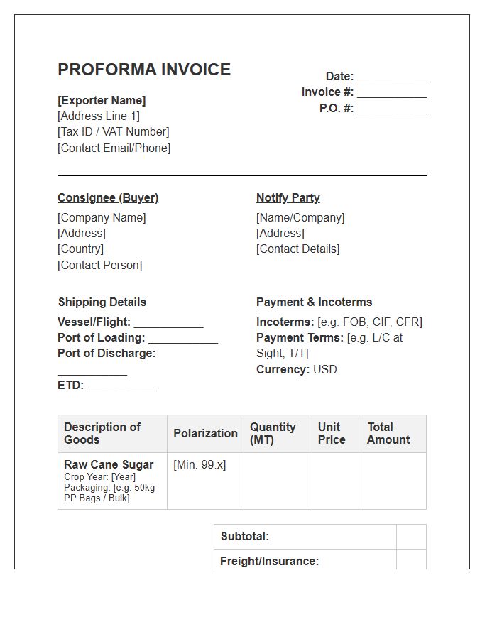 Raw Sugar Export Proforma Invoice Template