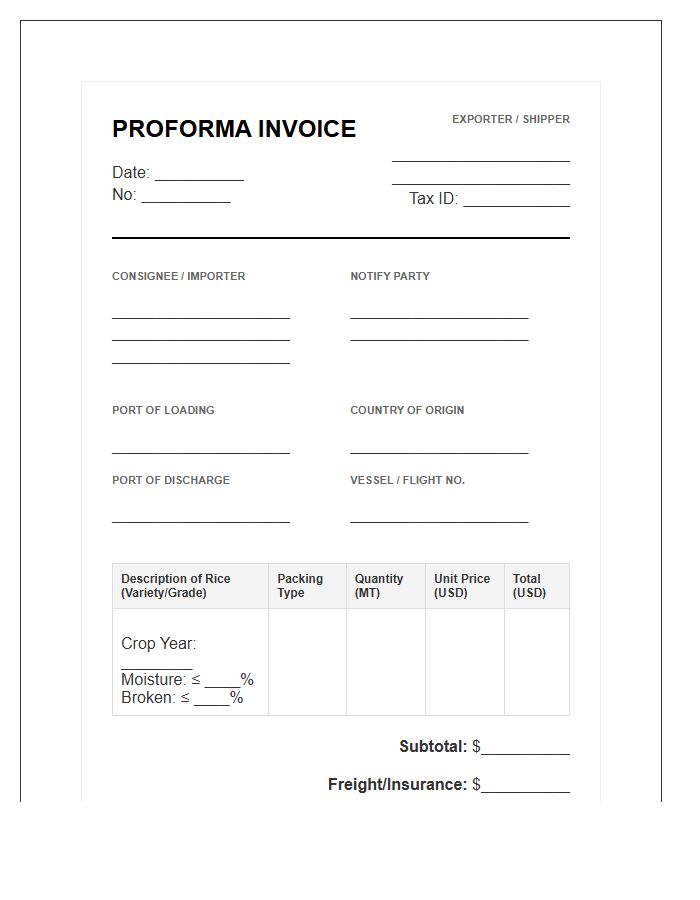Rice Commodity Export Proforma Invoice Template