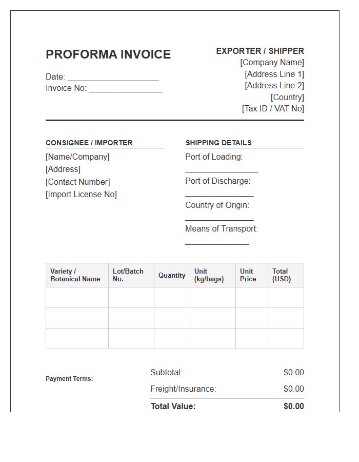 Seed Variety Export Proforma Invoice Template