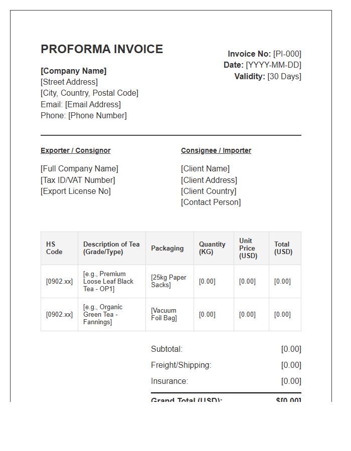 Tea Wholesale Export Proforma Invoice Template