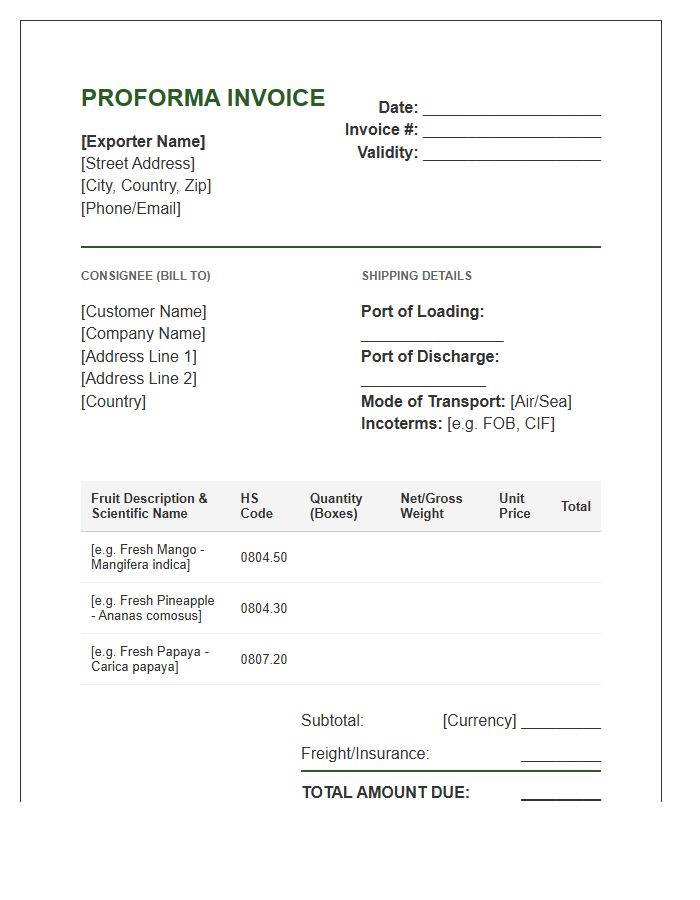 Tropical Fruit Export Proforma Invoice Template