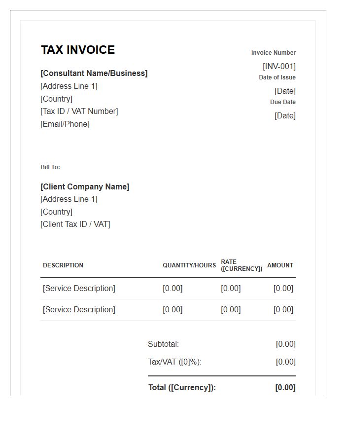 International Freelance Consultant Tax Invoice Template