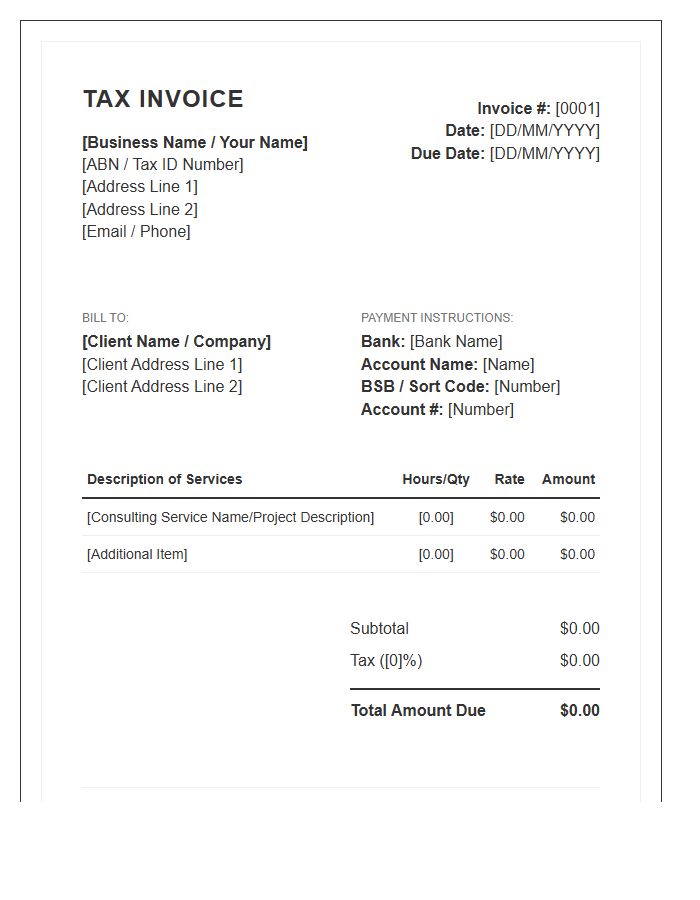 Sole Trader Consultant Tax Invoice Template