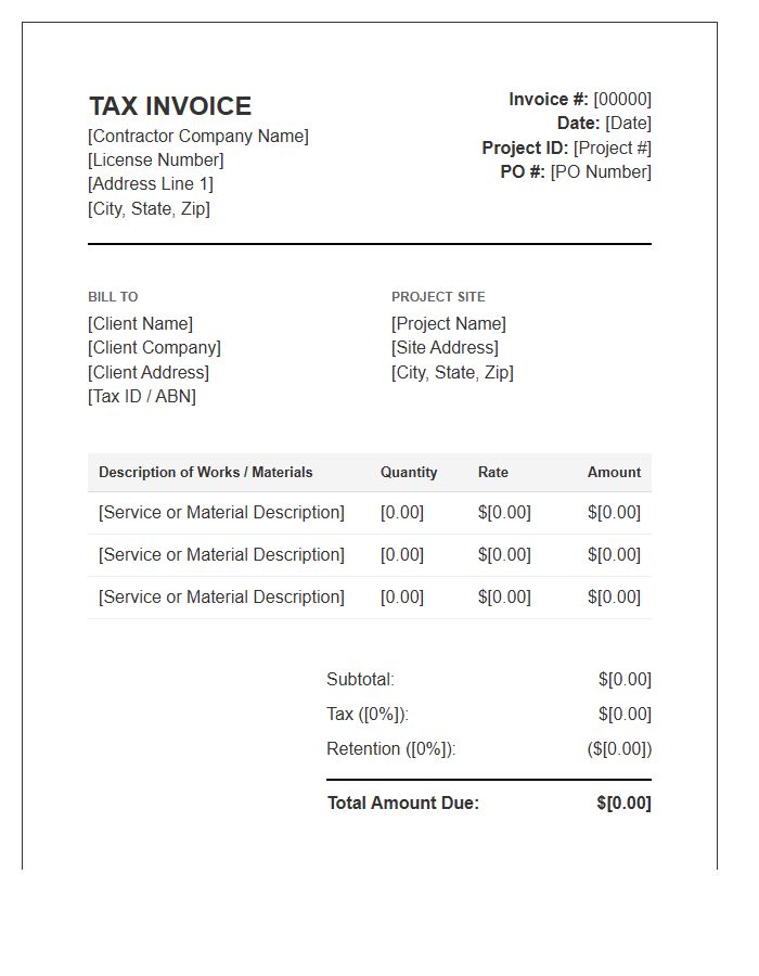 Commercial Contractor Tax Invoice Template