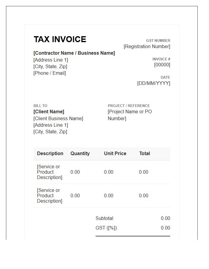 Contractor Goods And Services Tax Invoice Template