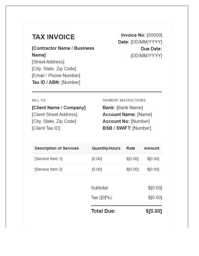 Formal Contractor Tax Invoice Template